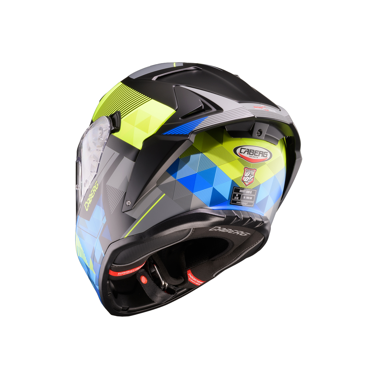 Kask integralny CABERG model DRiFT EVO II -malowanie 2026  -PRYZMAT R3 matowy/Żółty fluo/Niebieski Drift-Evo-II-Prism-matt-black-yellow-fluo-blue-rear-3-4
