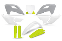 UFO KOMPLET PLASTIKÓW (FULL KIT) Z OSŁONAMI TELESKOPÓW (AMORTYZATORÓW) HUSQVARNA TC 125 / 250 '23-'24, FC 250 / 350 / 450 '23-'24, FX 350 / 450 '23-'24, TX 300 '24, KOLOR OEM '24 ( BIAŁY / ŻÓŁTY ) (PRZEDŁUŻONA TABLICA NA NUMER STARTOWY)