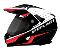 UFO KASK ARIES OFFROAD / DUAL / TOURER / CROSSOVER Z SZYBĄ, DASZKIEM I BLENDĄ PRZECIWSŁONECZNĄ KOLOR CZARNY/BIAŁY/CZERWONY FLUO ROZMIAR L ( ECE 22R06 ) - KOLEKCJA 2024