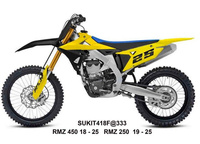 UFO 2025/04 KOMPLET PLASTIKÓW (FULL KIT) Z OSŁONAMI TELESKOPÓW (AMORTYZATORÓW) SUZUKI RMZ 250 '19-'25, RMZ 450 '18-'25 KOLOR ŻÓŁTY / CZARNY