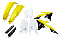 UFO KOMPLET PLASTIKÓW (FULL KIT) Z OSŁONAMI TELESKOPÓW (AMORTYZATORÓW) SUZUKI RMZ 250 '19-'25, RMZ 450 '18-'25 KOLOR OEM ( ŻÓŁTY / BIAŁY / CZARNY )
