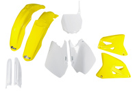 UFO KOMPLET PLASTIKÓW (FULL KIT) Z OSŁONAMI TELESKOPÓW (AMORTYZATORÓW) SUZUKI RM 125 / 250 '06-'24 KOLOR OEM ( BIAŁY / ŻÓŁTY )