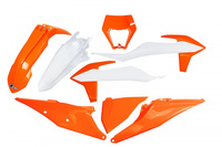 UFO komplet plastików KTM EXC 125 '20-'21, EXC/EXCF(EXC-F) 150/250/300/350/450/500 '20-'23 z osłoną lampy kolor OEM '23 (BIAŁY/POMARAŃCZOWY)