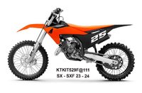 UFO 2025/04 KOMPLET PLASTIKÓW (FULL KIT) Z OSŁONAMI TELESKOPÓW (AMORTYZATORÓW) KTM SX 125 / 250 / 300 TBI '23-'24, SX-F 250 / 350 / 450 '23-'24 KOLOR POMARAŃCZOWY / CZARNY / BIAŁY