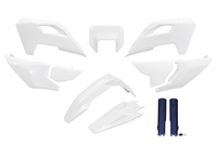UFO KOMPLET PLASTIKÓW (FULL KIT) Z OSŁONAMI TELESKOPÓW (AMORTYZATORÓW) HUSQVARNA TE 150 / 250 / 300 '24-'25, FE 250 / 350 / 450 / 501 '24-'25 KOLOR OEM '25 BIAŁY / NIEBIESKI